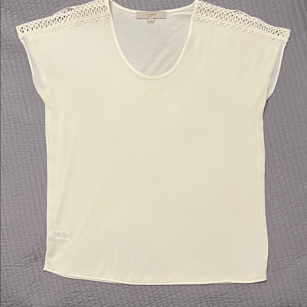 LOFT Cream Mixed Media Crochet-Trim Cap Sleeve Tee